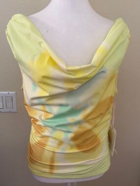 Viora Lane Cowl Neck Off Shoulder Sleeveless Top in Yellow Tie-Dye
